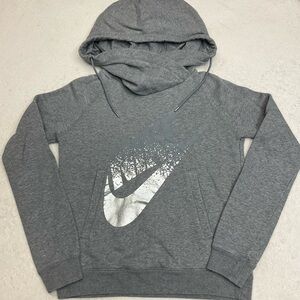 NIKE Gray Cross Neck Metallic Silver Oversized Hood Sweatshirt Woman Small